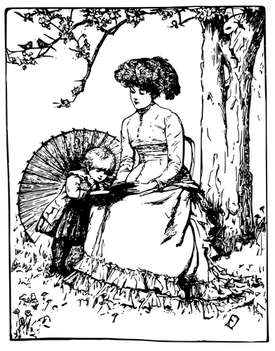 A mother reads a book to a child, under a tree.