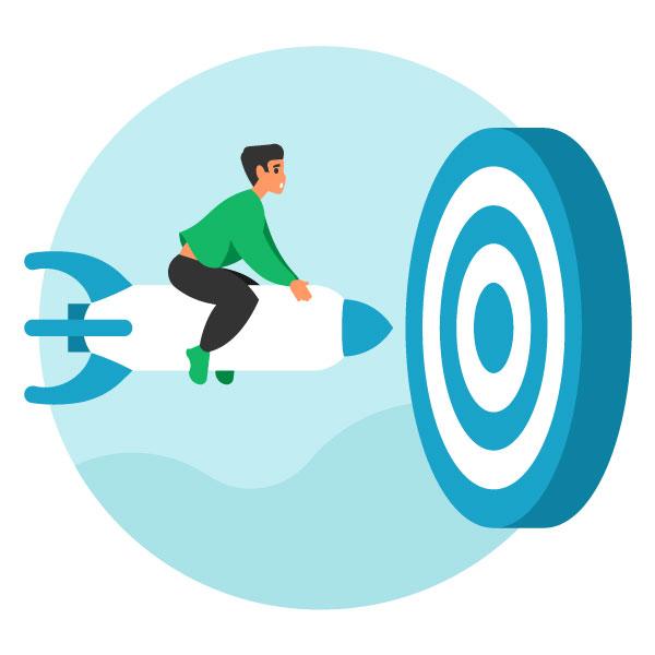 Un homme à cheval sur une fusée en face d'une cible